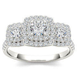 Gold 1ct TDW Diamond Halo 3-stone Engagement Ring - Handcrafted By Name My Rings™