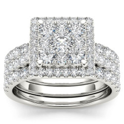 Gold 2ct TDW Diamond Halo Bridal Ring Set - Handcrafted By Name My Rings™