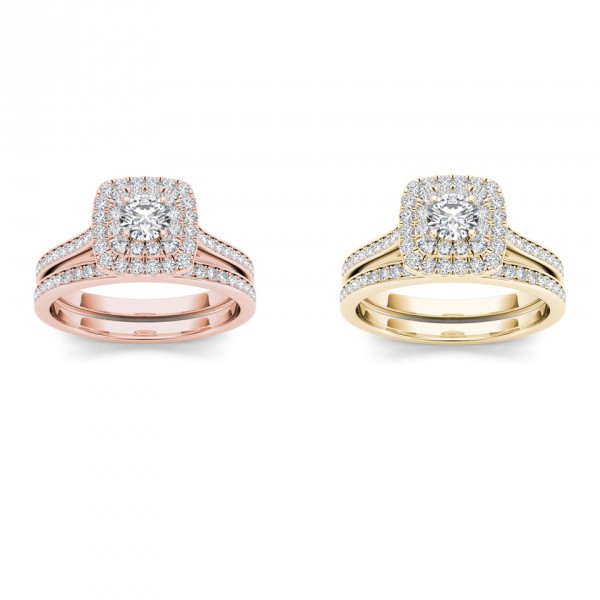 Gold 3/4ct TDW Diamond Halo Engagement Ring Set - Handcrafted By Name My Rings™