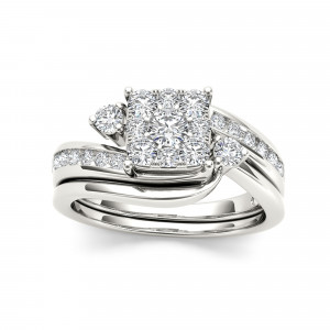 Gold Diamond Bridal Ring Set with Cushion Shape Cluster and interlocking  wedding band - Handcrafted By Name My Rings™