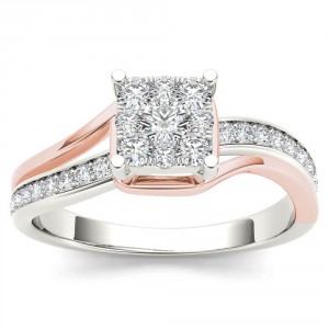 Pink Two-Tone White Gold 1/2ct TDW Diamond Bypass Cluster Engagement Ring - Handcrafted By Name My Rings™
