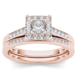 Rose Gold 1/2ct TDW Diamond Halo Engagement Ring Set with One Band - Handcrafted By Name My Rings™