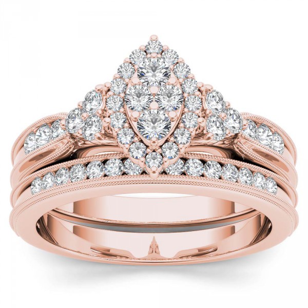 Rose Gold 1/2ct TDW Diamond Marquise-Framed Halo Engagement Ring Set - Handcrafted By Name My Rings™