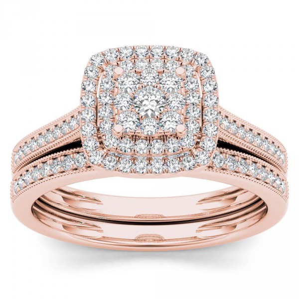 Rose Gold 1/3ct TDW Diamond Cluster Halo Bridal Set - Handcrafted By Name My Rings™
