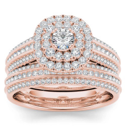 Rose Gold 1ct TDW Diamond Double Engagement Ring with One Band - Handcrafted By Name My Rings™