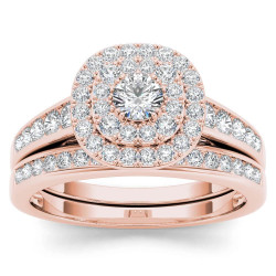 Rose Gold 1ct TDW Diamond Double Halo Engagement Ring Set with One Band - Handcrafted By Name My Rings™
