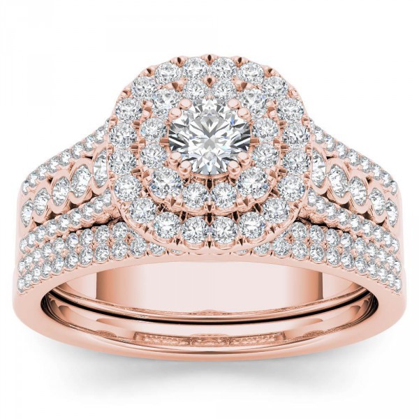 Rose Gold 1ct TDW Diamond Double Halo Engagement Ring Set with One Band - Handcrafted By Name My Rings™