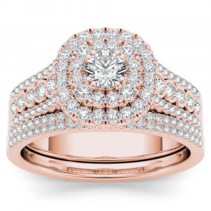 Rose Gold 1ct TDW Diamond Double Halo Engagement Ring Set with One Band - Handcrafted By Name My Rings™