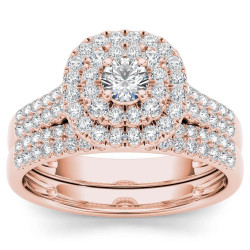 Rose Gold 1ct TDW Diamond Double Halo Engagement Ring Set with One Band - Handcrafted By Name My Rings™