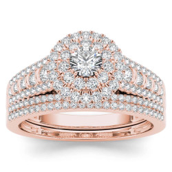 Rose Gold 1ct TDW Diamond Double Halo Engagement Ring Set with One Band - Handcrafted By Name My Rings™