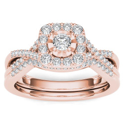 Rose Gold 2/5ct TDW Diamond Halo Engagement Ring Set with One Band - Handcrafted By Name My Rings™