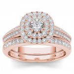Rose Gold 7/8ct TDW Diamond Double Halo Engagement Ring Set with One Band - Handcrafted By Name My Rings™