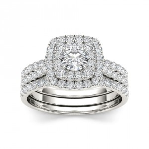 White Gold 1 1/2 ct TDW Diamond Halo Engagement Ring Set - Handcrafted By Name My Rings™
