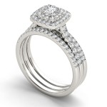 White Gold 1ct TDW Diamond Cushion Shape Double Halo Trilogy Engagement Ring Set - Handcrafted By Name My Rings™
