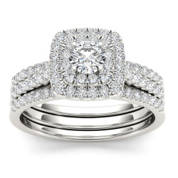 White Gold 1ct TDW Diamond Cushion Shape Double Halo Trilogy Engagement Ring Set - Handcrafted By Name My Rings™