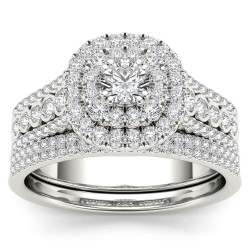 White Gold 1ct TDW Diamond Double Halo Engagement Ring Set with One Band - Handcrafted By Name My Rings™