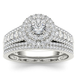White Gold 1ct TDW Diamond Double Halo Engagement Ring Set with One Band - Handcrafted By Name My Rings™