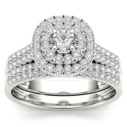 White Gold 1ct TDW Diamond Double Halo Engagement Ring Set with One Band - Handcrafted By Name My Rings™