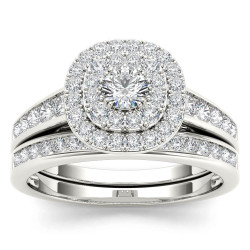 White Gold 1ct TDW Diamond Double Halo Engagement Ring Set with One Band - Handcrafted By Name My Rings™