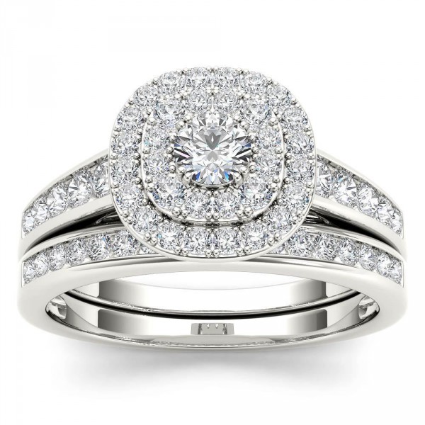 White Gold 1ct TDW Diamond Double Halo Engagement Ring Set with One Band - Handcrafted By Name My Rings™