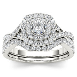 White Gold 7/8ct TDW Diamond Double Halo Bridal Ring Set - Handcrafted By Name My Rings™