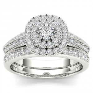 White Gold 7/8ct TDW Diamond Double Halo Engagement Ring Set with One Band - Handcrafted By Name My Rings™