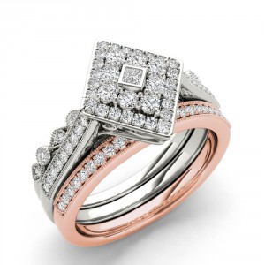 White and Rose Gold 1/2 ct TDW Diamond Halo Engagement Ring Set - Handcrafted By Name My Rings™