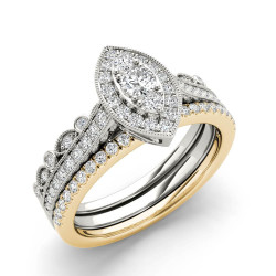 White and Gold 1/2 ct TDW Diamond Halo Engagement Ring Set - Handcrafted By Name My Rings™