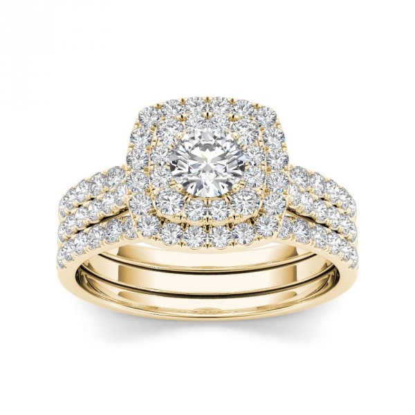 Gold 1 1/2 ct TDW Diamond Halo Engagement Ring Set - Handcrafted By Name My Rings™
