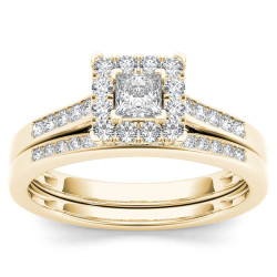 Gold 1/2ct TDW Diamond Halo Engagement Ring Set with One Band - Handcrafted By Name My Rings™