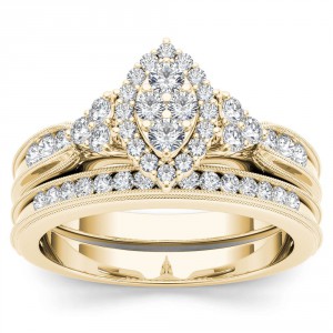 Gold 1/2ct TDW Diamond Marquise-Framed Halo Engagement Ring Set - Handcrafted By Name My Rings™