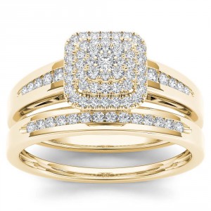 Gold 1/3ct TDW Diamond Cluster Halo Bridal Set - Handcrafted By Name My Rings™