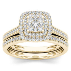 Gold 1/3ct TDW Diamond Cluster Halo Bridal Set - Handcrafted By Name My Rings™