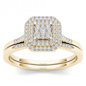 Gold 1/4ct TDW Diamond Cluster Halo Bridal Set - Handcrafted By Name My Rings™