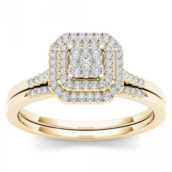 Gold 1/4ct TDW Diamond Cluster Halo Bridal Set - Handcrafted By Name My Rings™
