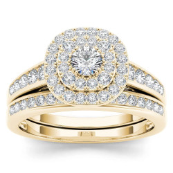 Gold 1ct TDW Diamond Double Halo Engagement Ring Set with One Band - Handcrafted By Name My Rings™