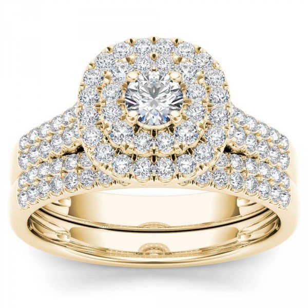 Gold 1ct TDW Diamond Double Halo Engagement Ring Set with One Band - Handcrafted By Name My Rings™
