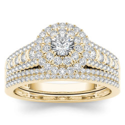 Gold 1ct TDW Diamond Double Halo Engagement Ring Set with One Band - Handcrafted By Name My Rings™