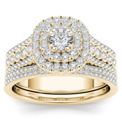 Gold 1ct TDW Diamond Double Halo Engagement Ring Set with One Band - Handcrafted By Name My Rings™