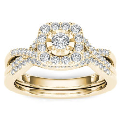 Gold 2/5ct TDW Diamond Halo Engagement Ring Set with One Band - Handcrafted By Name My Rings™