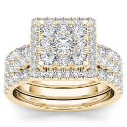Gold 2ct TDW Diamond Cluster Engagement Ring Set with Two Band - Handcrafted By Name My Rings™
