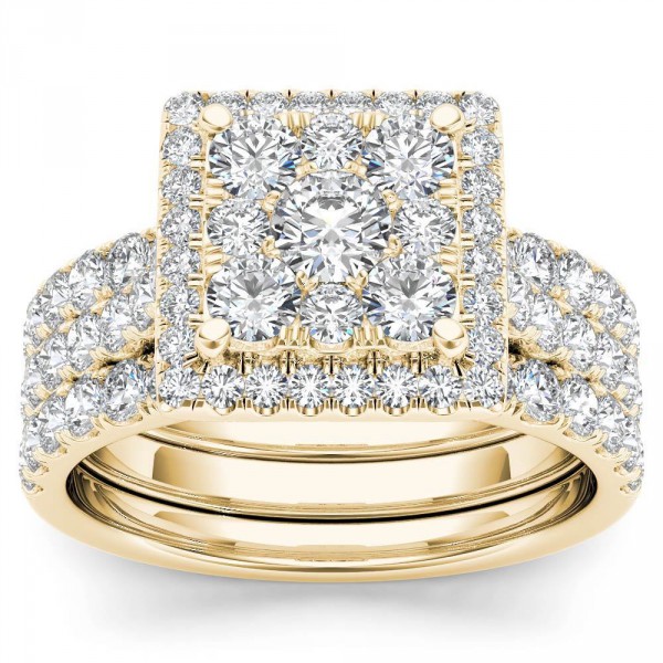 Gold 2ct TDW Diamond Cluster Engagement Ring Set with Two Band - Handcrafted By Name My Rings™