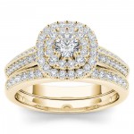 Gold 7/8ct TDW Diamond Double Halo Engagement Ring Set with One Band - Handcrafted By Name My Rings™