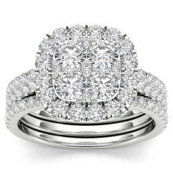 Gold 2ct TDW Diamond Halo Engagement Ring Set with Two Bands - Handcrafted By Name My Rings™