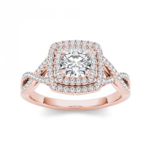 Rose Gold 1 1/10ct TDW Diamond Double Halo Criss-cross Shank Engagement Ring - Handcrafted By Name My Rings™