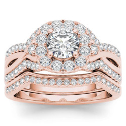 Rose Gold 1 1/4ct TDW Diamond Halo Engagement Ring Set with One Band - Handcrafted By Name My Rings™