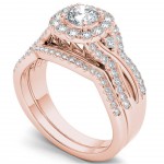 Rose Gold 1 1/4ct TDW Diamond Halo Engagement Ring Set with One Band - Handcrafted By Name My Rings™
