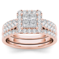 Rose Gold 1 1/4ct TDW Diamond Halo Engagement Ring Set with Two Bands - Handcrafted By Name My Rings™