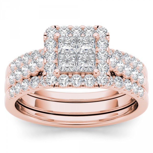 Rose Gold 1 1/4ct TDW Diamond Halo Engagement Ring Set with Two Bands - Handcrafted By Name My Rings™