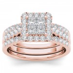 Rose Gold 1 1/4ct TDW Diamond Halo Engagement Ring Set with Two Bands - Handcrafted By Name My Rings™